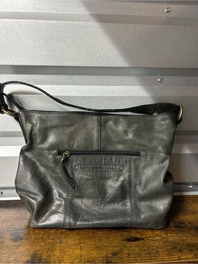 Nino Bossi Gray Genuine Leather Shoulder Hobo Bag Purse Floral Lining